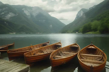 Zelfklevend Fotobehang a few wooden boats preparing to enter a lake in © torrentsd2