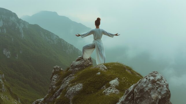 Dark haired woman doing tai chi exercise. Girl standing on top of foggy mountain. Chinese martial art. Taichi sport practice. Beautiful epic view. Person meditate. Peaceful balance atmosphere.