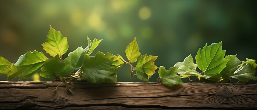 Banner wide image with natural elements of wood and greenery. Wide display banner in the theme of nature with accents of brown and green.