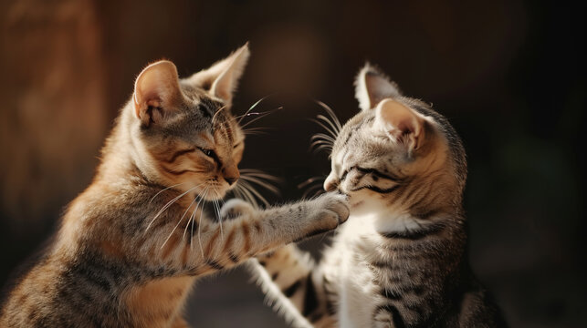 Two small cats playing together, realistic photo
