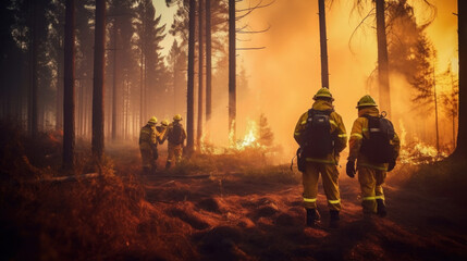 Burning forest, Firefighters gets ready to work in the middle of a burning forest.