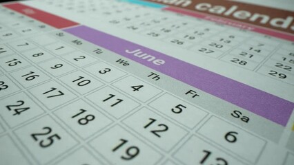 2024 calendar year June. Macro with holidays and business days. The week starts on Sunday. Calendar design in black and white color. Summer start. First summer month