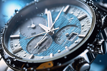 Fototapeta na wymiar Close up of a Beautiful luxury fashionable silver men's watch with splashes of water