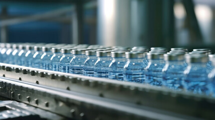 Close up of Drinking water factory, Bottles on a factory conveyor belt with Automatic line for packing drinking water into glass or plastic containers.