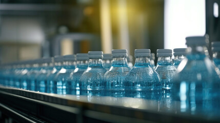 Close up of Drinking water factory, Bottles on a factory conveyor belt with Automatic line for packing drinking water into glass or plastic containers.