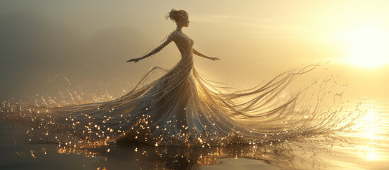 Naklejka premium Goddess of fairy in magical dress walks on water, magical sea scene