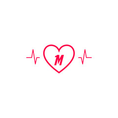 Letter M initial logo in a heart icon with a pulse wave