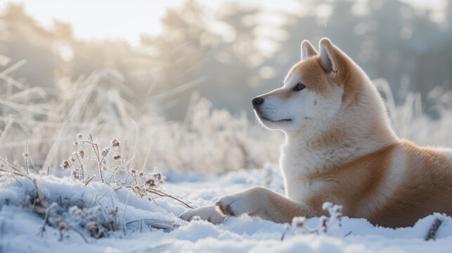 a beautiful akita inu dog on a snowy background, realistic photo