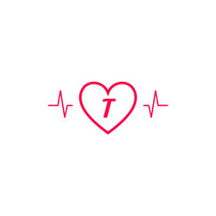 Letter T initial logo in a heart icon with a pulse wave
