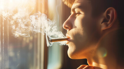Young man smoking marijuana joint near the window - obrazy, fototapety, plakaty