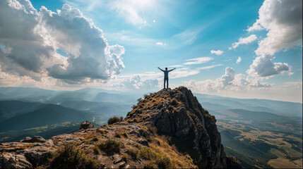 person standing on top of a mountain looking out at the sky - obrazy, fototapety, plakaty
