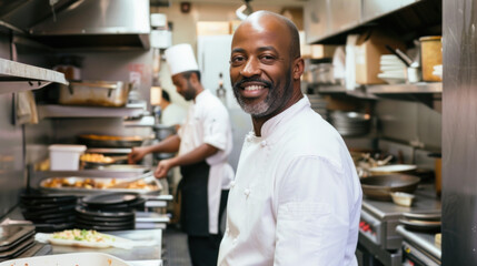 Fototapeta premium Smiling African American chef in restaurant kitchen