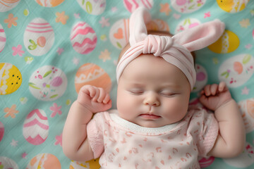 Twin newborn baby girls sleeping on Easter egg fabric background.