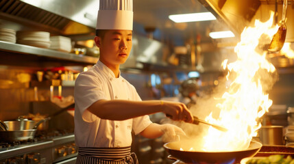 Asian chef is cooking with fire in commercial kitchen - obrazy, fototapety, plakaty