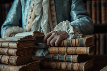 Person Sitting at Table With Stack of Books