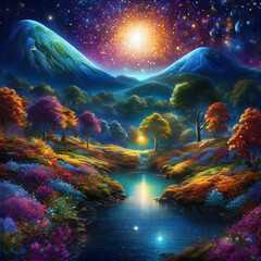  Vibrant Landscape Painting with River, Trees, and Mountains