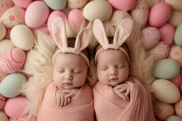 Newborn twin baby in bunny ears headband on background. - obrazy, fototapety, plakaty