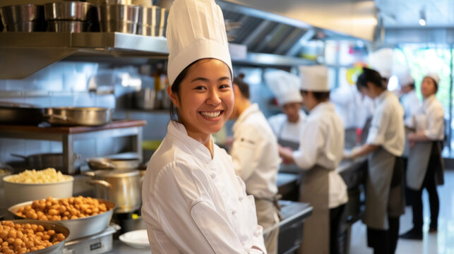 Young Asian female cook in professional restaurant kitchen, team of cooks in the background