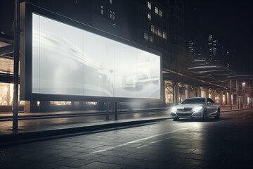 Fototapeta premium Closeup white blank copy space at billboard on city view in night background