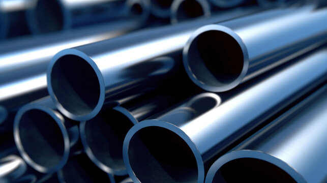 Close up of Several steel pipes in the style of dark silver and dark navy..
