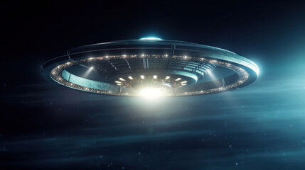 Extraterrestrial spaceship or UFO shining a powerful spotlight.