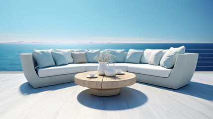 Fototapeta na wymiar Furniture with outdoor sofa, Sea view.