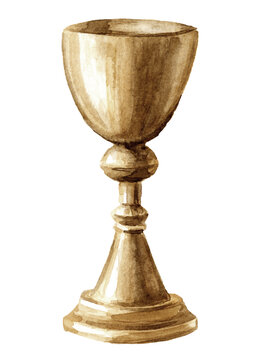 Chalice. A vessel for Christian worship. Golden Cup for the Eucharist. Hand drawn watercolor illustration isolated on white background