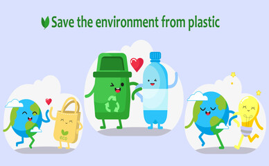 Set of ecological doodles, say no to plastic, Recycling Banner, Zero waste, think green, save the planet, environment cartoon elements isolated on white background