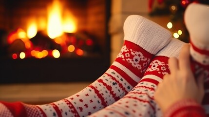 Winter evening, with Christmas stockings, happy woman resting near campfire with feet in wool socks.People relaxing at home. Xmas and New Year winter holiday concept