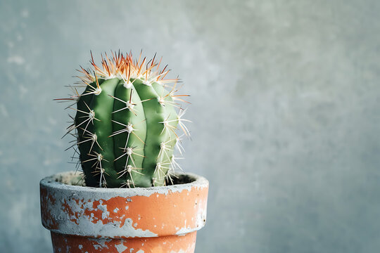 Cactus in a pot on background. Houseplant wallpaper.