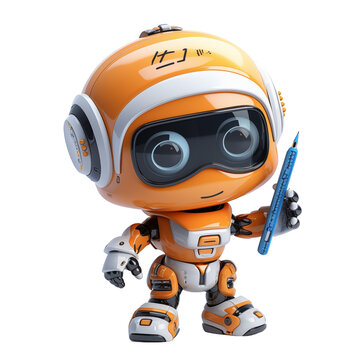cute robot with pencil in isolated background transparant