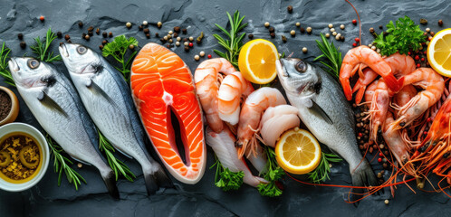 Display of Different Types of Seafood on a Table - obrazy, fototapety, plakaty