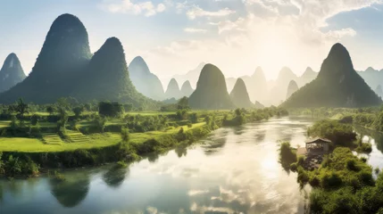 Papier Peint photo Guilin Guangxi region of China, Karst mountains and river Li in Guilin.