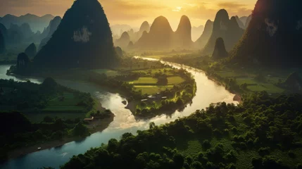 Papier Peint photo Lavable Guilin Guangxi region of China, Karst mountains and river Li in Guilin.