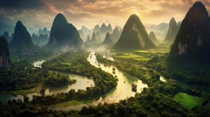 Guangxi region of China, Karst mountains and river Li in Guilin. - obrazy, fototapety, plakaty
