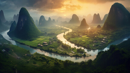 Guangxi region of China, Karst mountains and river Li in Guilin.