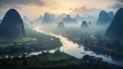 Papier peint photo autocollant rond Guilin Guangxi region of China, Karst mountains and river Li in Guilin.