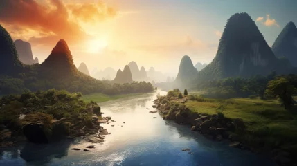 Foto auf Acrylglas Guilin Guangxi region of China, Karst mountains and river Li in Guilin.