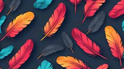 Assorted colorful feathers on a dark background. Texture pattern with multicolors feather, Tileable, Seamless loopable background with feathers.