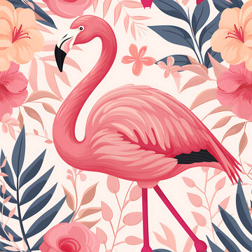 Seamless pattern background with pink flamingos and leaves.