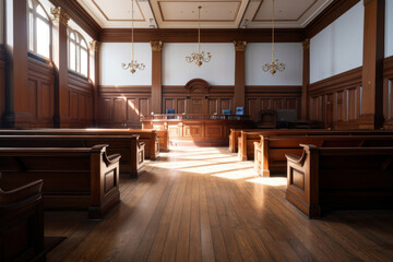 Interior of Empty courtroom or courtroom. - obrazy, fototapety, plakaty