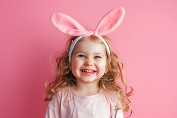 Obraz na płótnie Canvas Happy little girl wearing easter rabbit headband with ears on background.