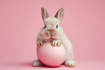 Easter bunny rabbit with pink painted egg on pink background. Easter holiday concept