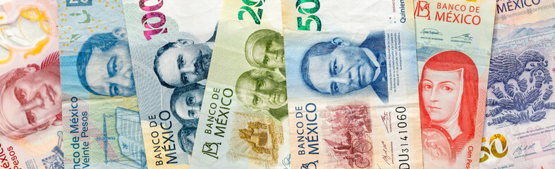 Mexico money pesos, horizontal  panorama, Mexican banknotes, financial banking concept, Mexican...