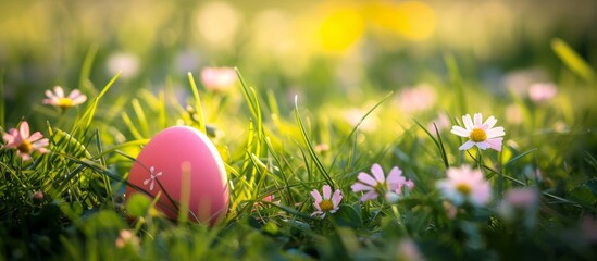 easter egg in a spring meadow with flowers holy saint. Easter Holiday in Spring. Heastr bunny and Easter Egg celebration