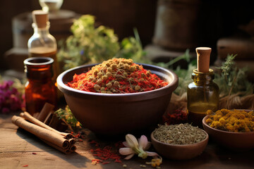 Bowl of Natural Spices and Essential Oil