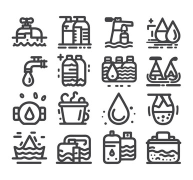 Editable vector pack of water icons. Water drops icon set. Editable vector pack of water line icons. A drop of water. Glass, magnifier, washing hands, shower. Vector illustration