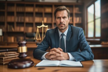 Fototapeta premium Man Sitting at Desk With Law Book