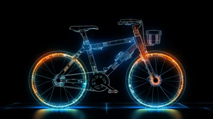 Zelfklevend Fotobehang bicycle on a black background with neon hologram style © Septimega