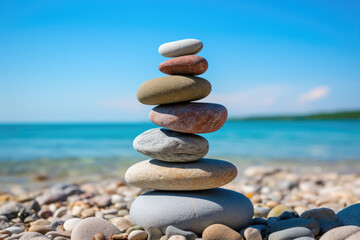 Fototapeta na wymiar Zen Stones Balanced at a Tranquil Beach
